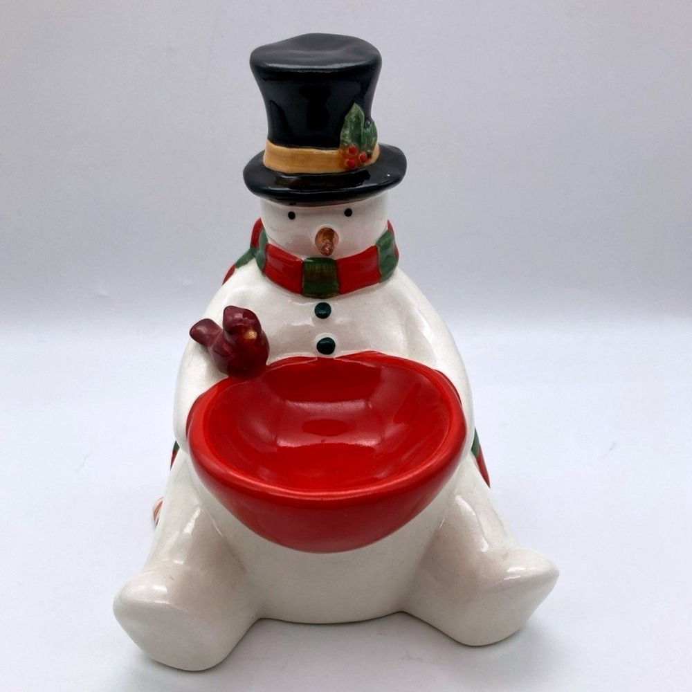 Russ Berrie And Co. Holiday Snowman Crackle Glaze Small Candy Trinket Bowl 5.5"